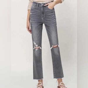 FLYING MONKEY High Rise Ripped Straight Leg Jeans Ankle Torn Boho Raw Hem Grey